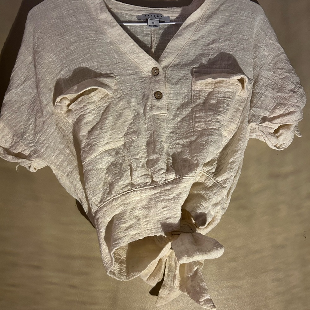 FAVLUX Cream Button-Down Tie-Front Shirt